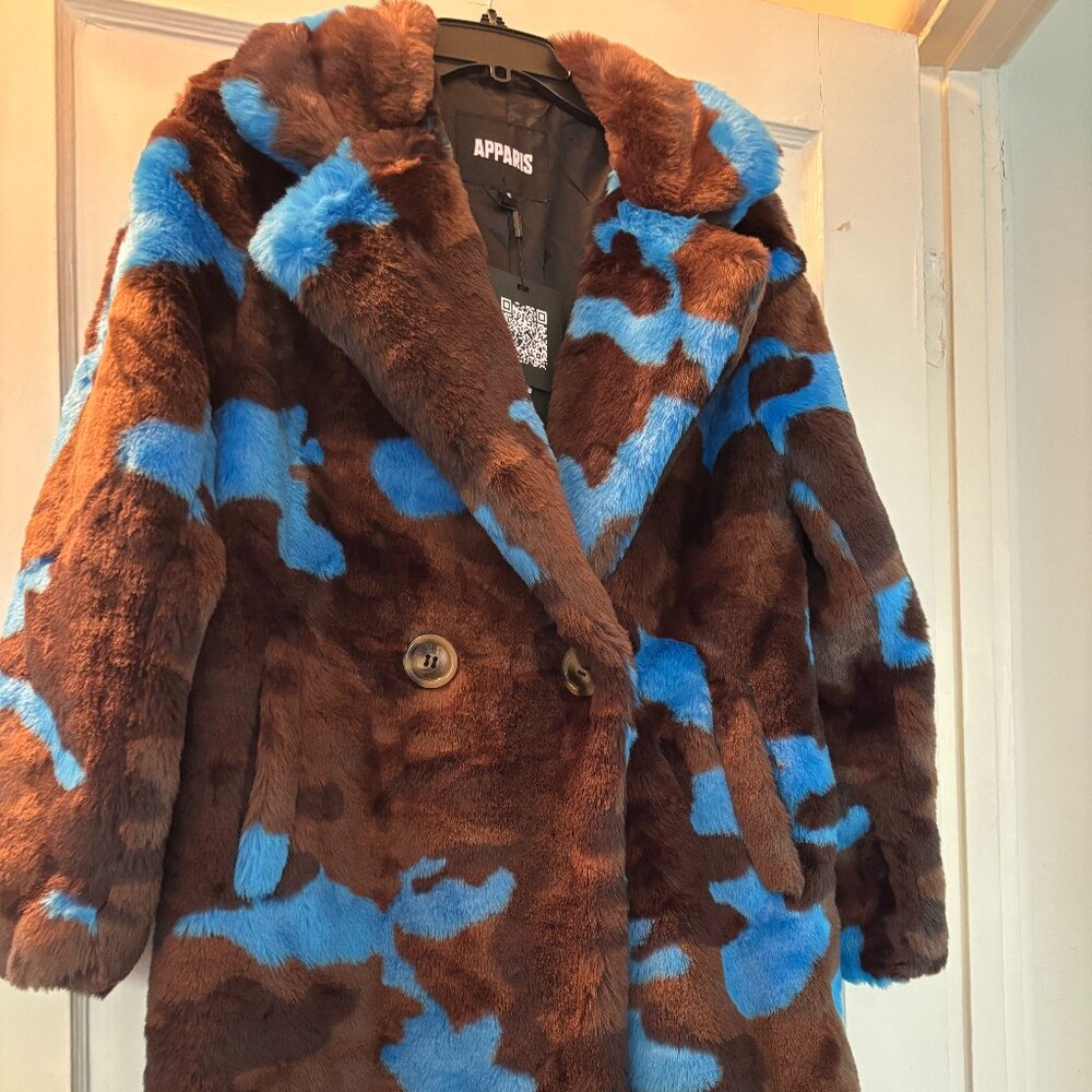 ✨ APPARIS Faux Fur Coat – Brown & Blue ✨ Size Small | Brand New With Tags